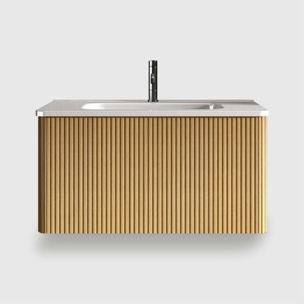 Small bathroom vanity with sink - the ideal floating bathroom vanity for modern homes. Pre-assembled for quick setup, this bathroom vanity features curved edges for safety, a sleek ceramic sink, and ample drawer storage. Its striped oak finish elevates any modern bathroom vanity decor.