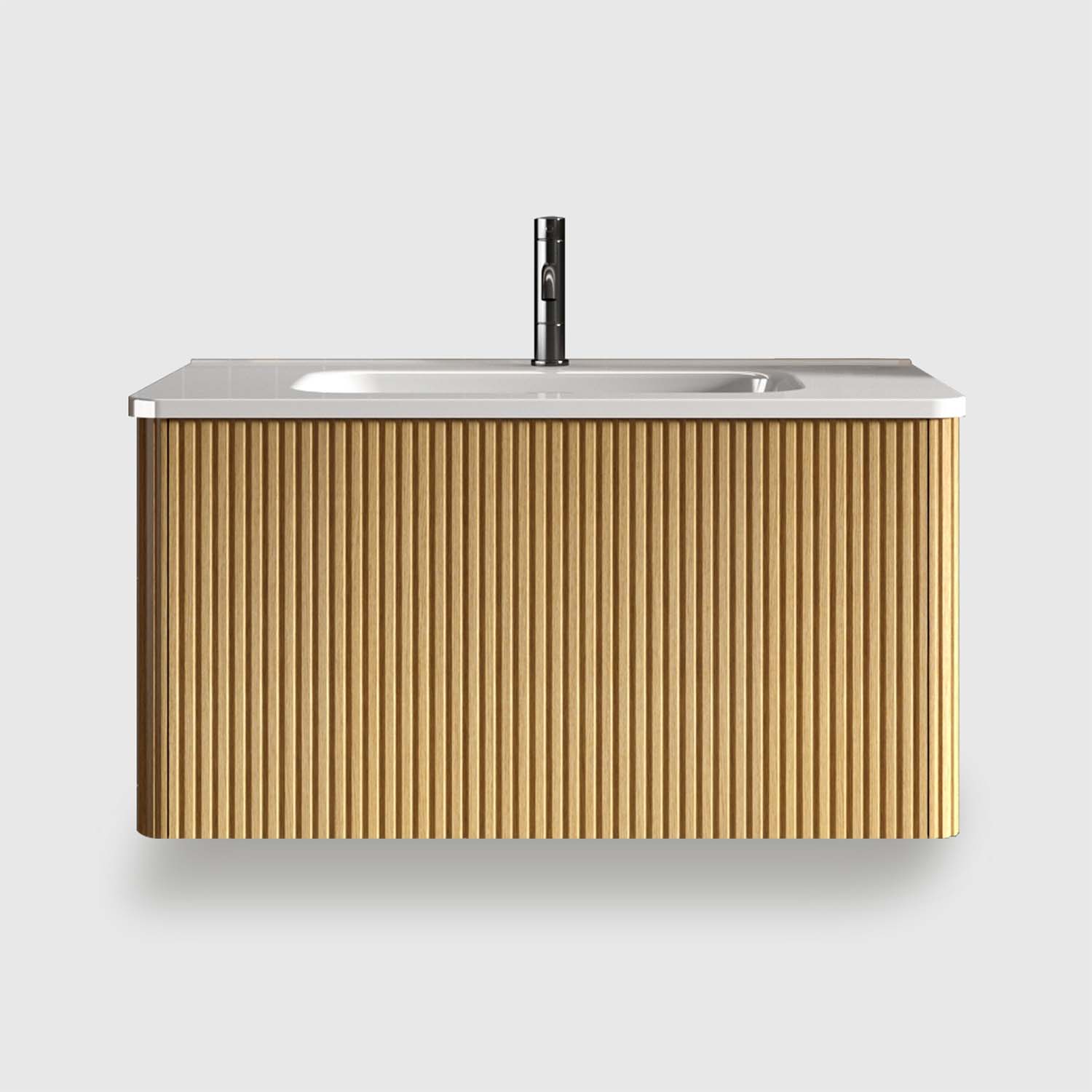 Small bathroom vanity with sink - the ideal floating bathroom vanity for modern homes. Pre-assembled for quick setup, this bathroom vanity features curved edges for safety, a sleek ceramic sink, and ample drawer storage. Its striped oak finish elevates any modern bathroom vanity decor.