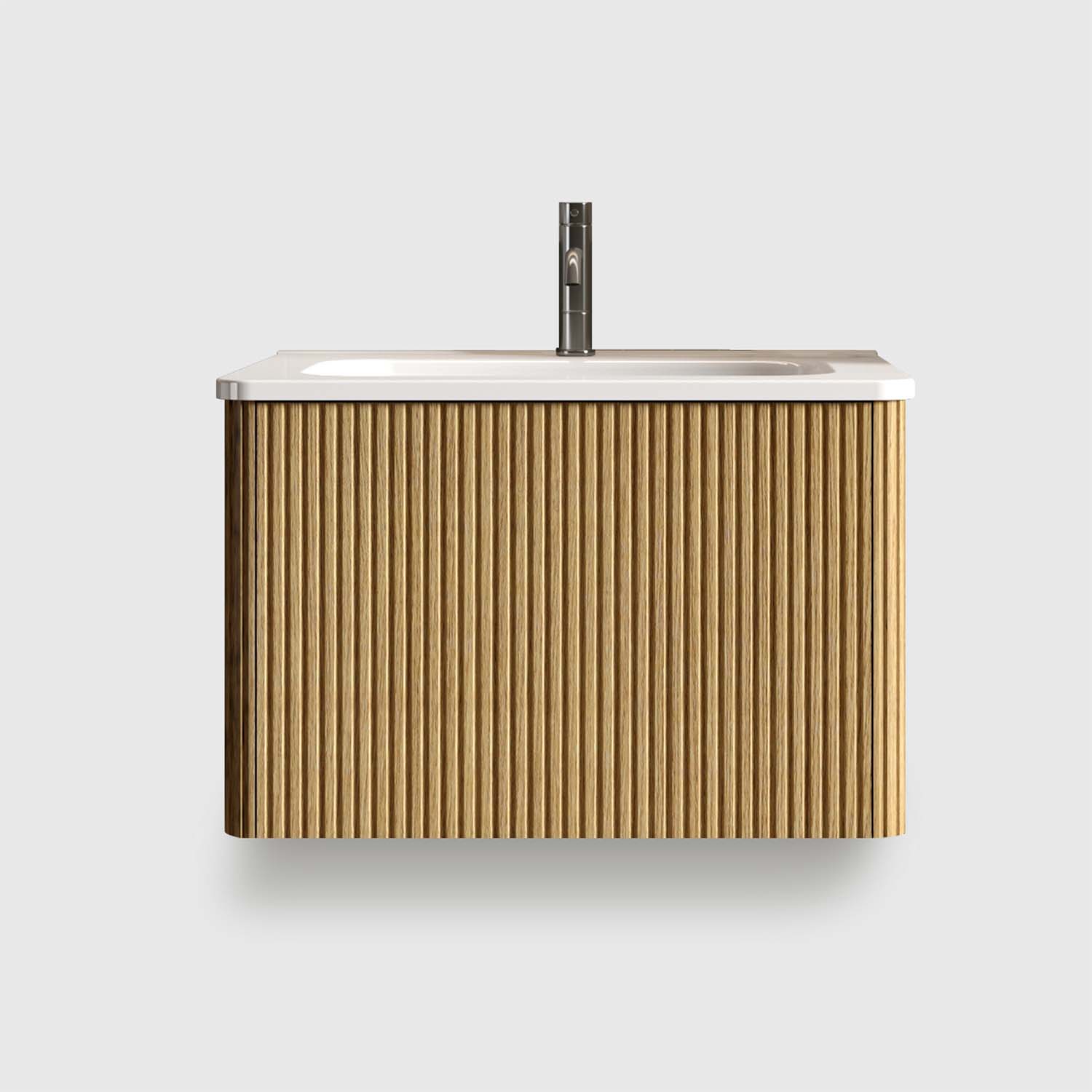 Striped Natural -Oak Bathroom -Vanity- White Ceramic Sink 24 inch bathroom vanity with white ceramic sink - wall mounted floating bathroom vanity for modern bathroom. This pre-assembled bathroom vanity features striped natural oak finish, integrated sink, and push-open drawer. The 24 inch bathroom vanity with sink provides spacious storage while maintaining a sleek modern bathroom vanity design.