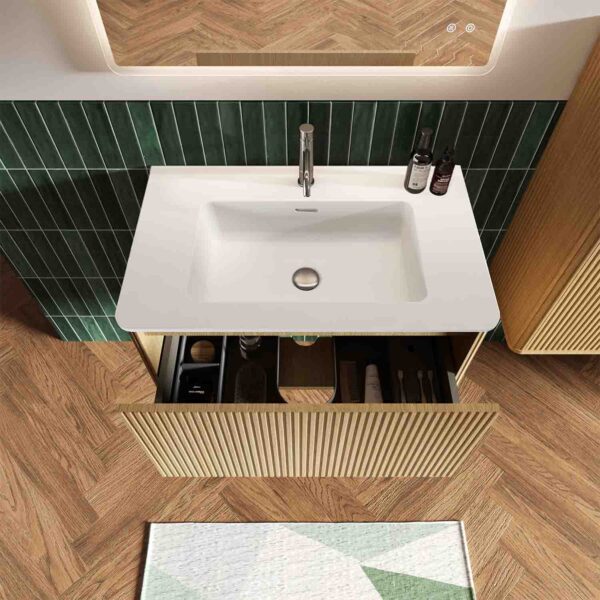 Small bathroom vanity with sink - the ideal floating bathroom vanity for modern homes. Pre-assembled for quick setup, this bathroom vanity features curved edges for safety, a sleek ceramic sink, and ample drawer storage. Its striped oak finish elevates any modern bathroom vanity decor.