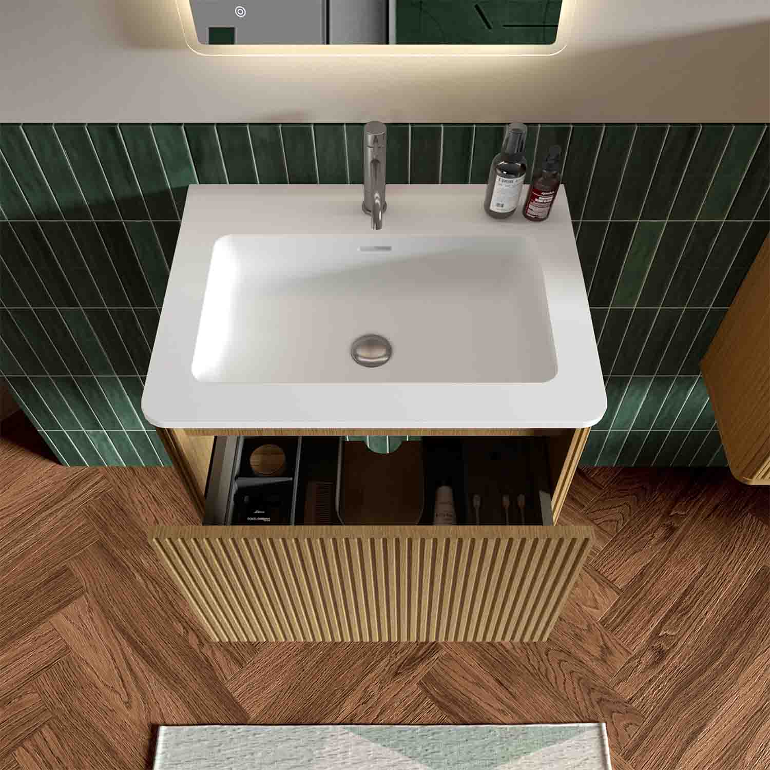 Striped Natural -Oak Bathroom -Vanity- White Ceramic Sink (7) 24 inch bathroom vanity with white ceramic sink - wall mounted floating bathroom vanity for modern bathroom. This pre-assembled bathroom vanity features striped natural oak finish, integrated sink, and push-open drawer. The 24 inch bathroom vanity with sink provides spacious storage while maintaining a sleek modern bathroom vanity design.