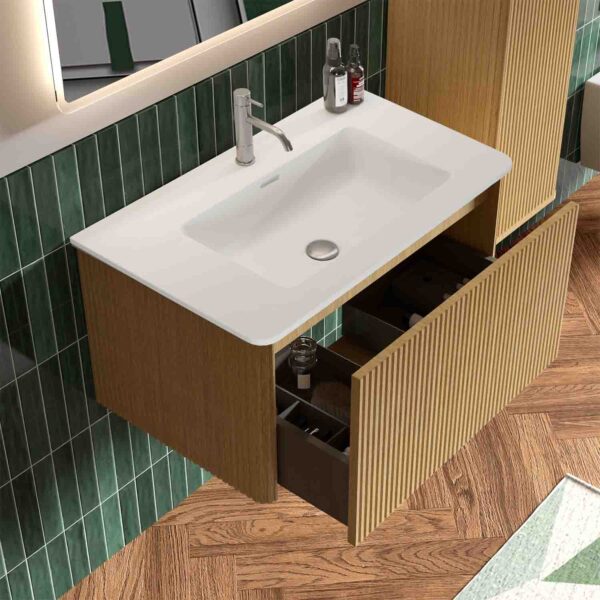 Small bathroom vanity with sink - the ideal floating bathroom vanity for modern homes. Pre-assembled for quick setup, this bathroom vanity features curved edges for safety, a sleek ceramic sink, and ample drawer storage. Its striped oak finish elevates any modern bathroom vanity decor.
