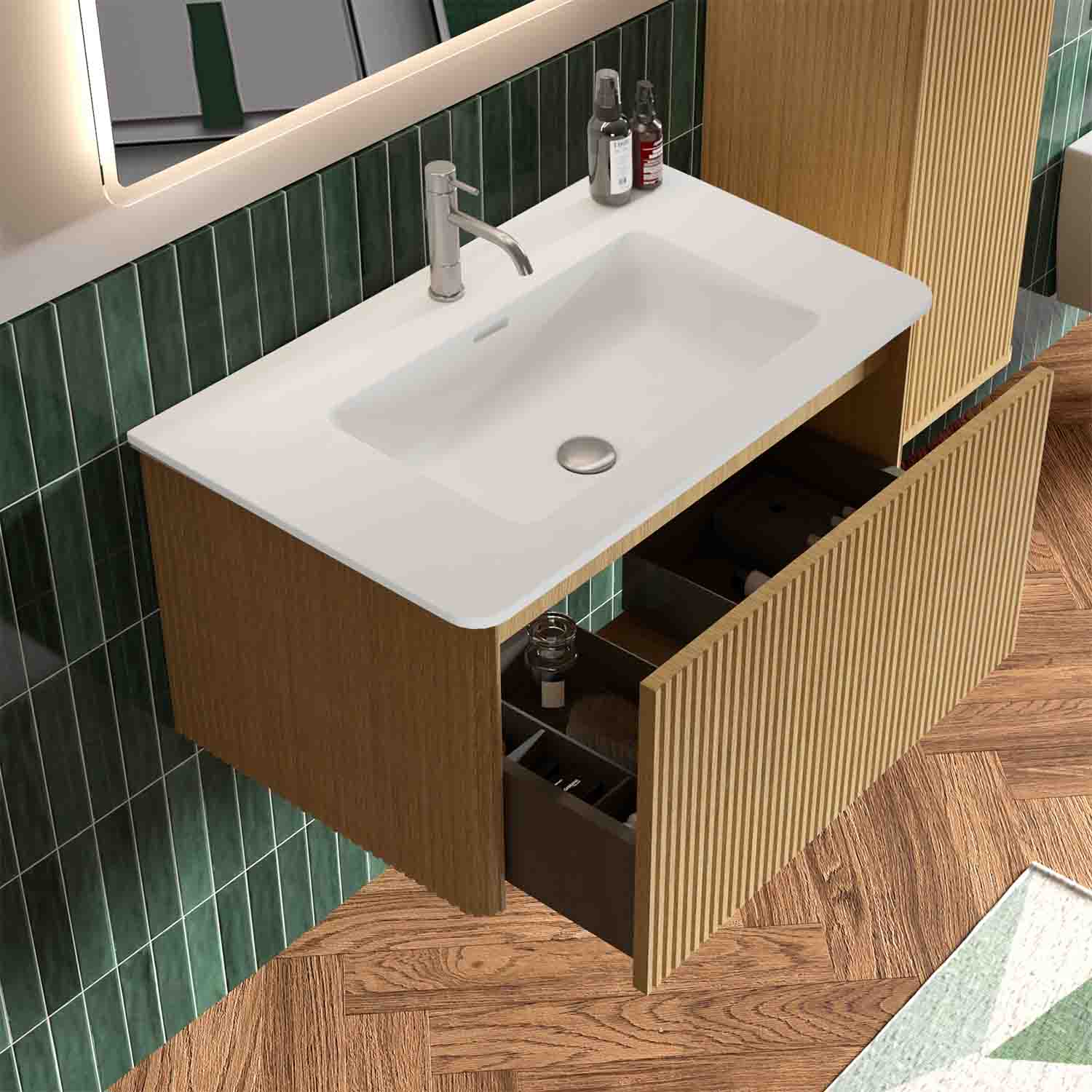 Small bathroom vanity with sink - the ideal floating bathroom vanity for modern homes. Pre-assembled for quick setup, this bathroom vanity features curved edges for safety, a sleek ceramic sink, and ample drawer storage. Its striped oak finish elevates any modern bathroom vanity decor.