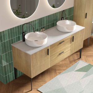60 inch striped natural oak bathroom vanity freestanding wall-mounted ceramic sink DTC soft-closing