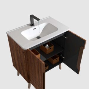 Key features of striped walnut bathroom vanity with sink. Dual installation. Freestanding & wall mounted options. Integrated glossy white ceramic sink (easy to clean).Dual-door cabinet for ample dust/waterproof storage.Curved safety edges to eliminate sharp corners .Stylish striped wood grain elevates modern bathroom decor A versatile bathroom cabinet that combines functionality and sophistication.