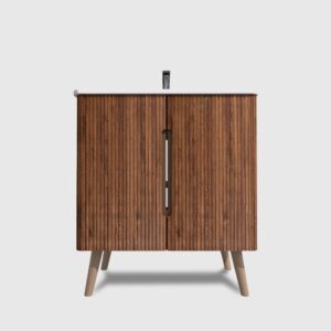 Key features of striped walnut bathroom vanity with sink. Dual installation. Freestanding & wall mounted options. Integrated glossy white ceramic sink (easy to clean).Dual-door cabinet for ample dust/waterproof storage.Curved safety edges to eliminate sharp corners .Stylish striped wood grain elevates modern bathroom decor A versatile bathroom cabinet that combines functionality and sophistication.