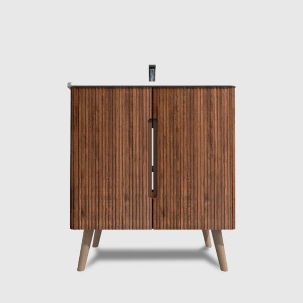 Striped-Walnut -Bathroom Vanity -Sink (2) Key features of striped walnut bathroom vanity with sink. Dual installation. Freestanding & wall mounted options. Integrated glossy white ceramic sink (easy to clean).Dual-door cabinet for ample dust/waterproof storage.Curved safety edges to eliminate sharp corners .Stylish striped wood grain elevates modern bathroom decor A versatile bathroom cabinet that combines functionality and sophistication.