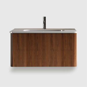 Small bathroom vanity with sink - 30-inch floating vanity with sink for compact spaces, space-saving design, ceramic basin, push-open soft-close drawer, fluted walnut texture bathroom vanity cabinet, wall-mounted floating vanity to maximize floor space, easy-clean small bathroom sink cabinet, family-friendly curved edges