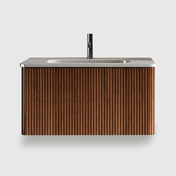 Small bathroom vanity with sink - 30-inch floating vanity with sink for compact spaces, space-saving design, ceramic basin, push-open soft-close drawer, fluted walnut texture bathroom vanity cabinet, wall-mounted floating vanity to maximize floor space, easy-clean small bathroom sink cabinet, family-friendly curved edges