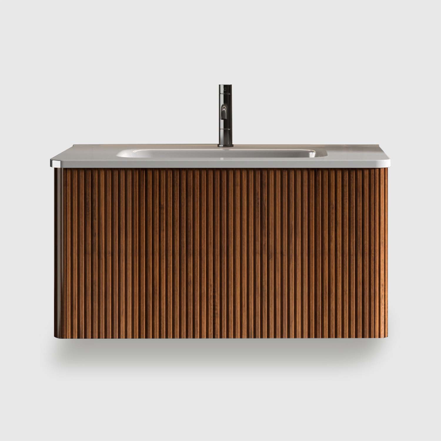 Small bathroom vanity with sink - 30-inch floating vanity with sink for compact spaces, space-saving design, ceramic basin, push-open soft-close drawer, fluted walnut texture bathroom vanity cabinet, wall-mounted floating vanity to maximize floor space, easy-clean small bathroom sink cabinet, family-friendly curved edges