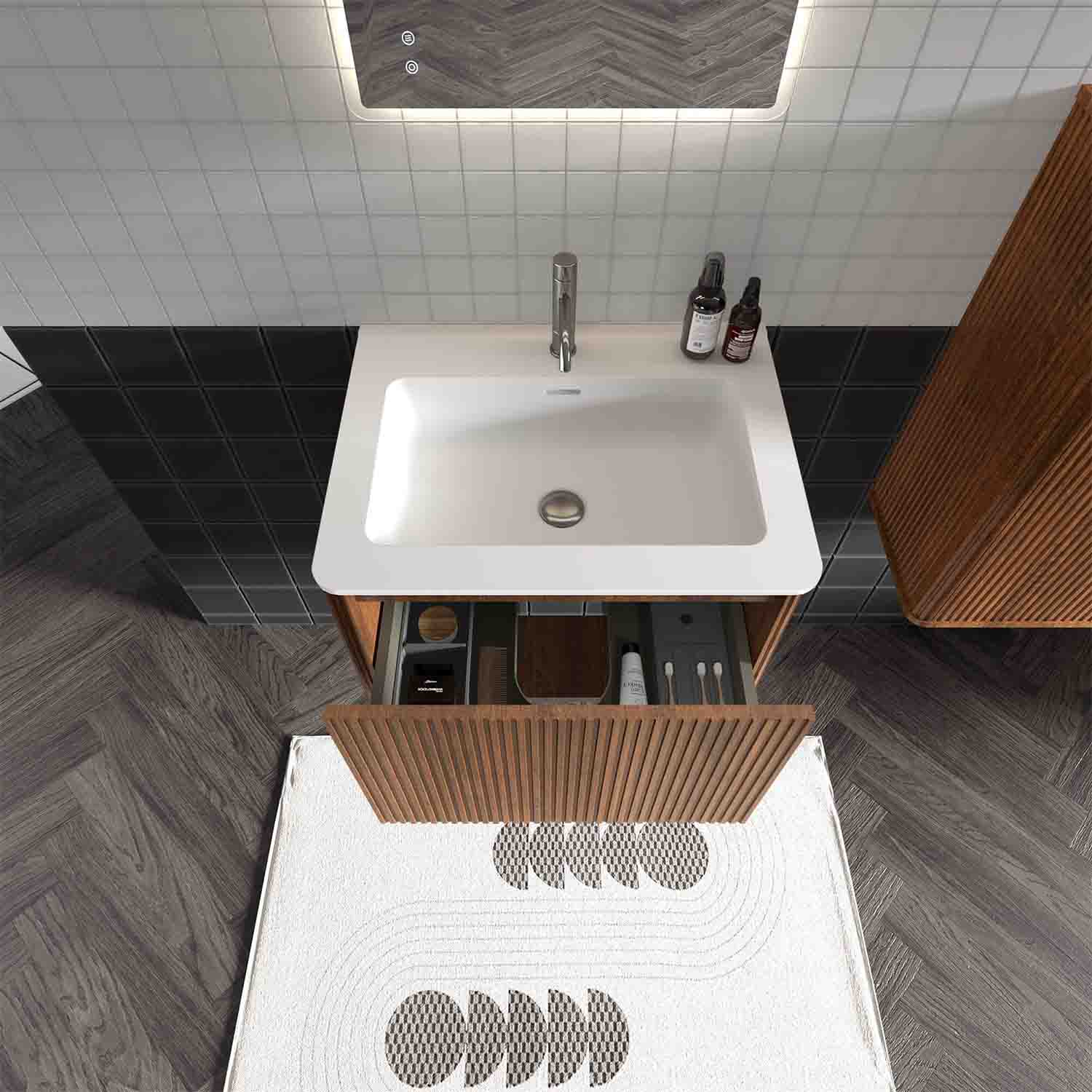 Striped Walnut -Bathroom Vanity -White Ceramic Sink (1)