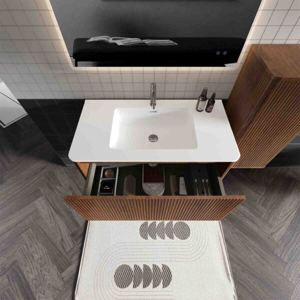 Hotel bathroom vanity with sink - 36-inch floating vanity with sink for commercial hotel use, fluted walnut texture plywood cabinet, ceramic basin, fully assembled for easy hotel room installation, push-open soft-close drawer, modern hotel bathroom aesthetic, durable bathroom sink cabinet for hotels, U-shaped back to fit hotel plumbing