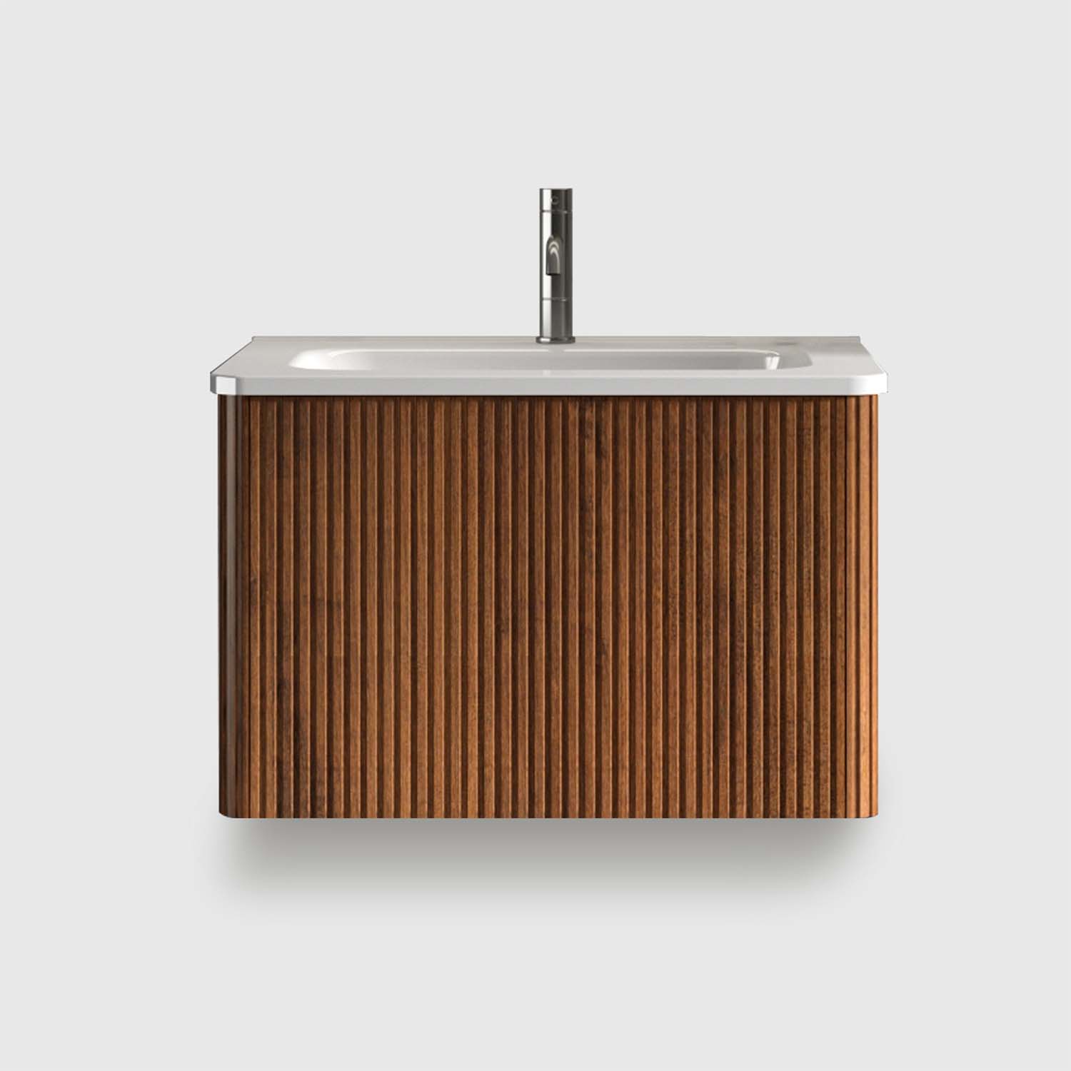 Striped Walnut -Bathroom Vanity -White Ceramic Sink (1) 24-inch floating vanity with sink - modern small bathroom vanity with sink, ceramic basin, push-open soft-close drawer, fluted walnut texture plywood bathroom vanity cabinet, space-saving floating vanity with sink for powder rooms, U-shaped back bathroom sink cabinet, family-friendly curved edge bathroom vanity with sink, fully assembled floating bathroom vanity with sink for apartments/hotels, compact bathroom sink and cabinet solution.