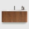Hotel bathroom vanity with sink - 36-inch floating vanity with sink for commercial hotel use, fluted walnut texture plywood cabinet, ceramic basin, fully assembled for easy hotel room installation, push-open soft-close drawer, modern hotel bathroom aesthetic, durable bathroom sink cabinet for hotels, U-shaped back to fit hotel plumbing