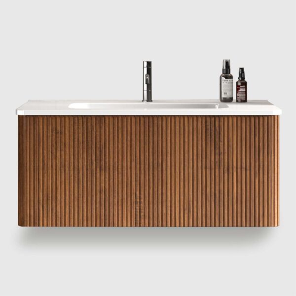 Hotel bathroom vanity with sink - 36-inch floating vanity with sink for commercial hotel use, fluted walnut texture plywood cabinet, ceramic basin, fully assembled for easy hotel room installation, push-open soft-close drawer, modern hotel bathroom aesthetic, durable bathroom sink cabinet for hotels, U-shaped back to fit hotel plumbing