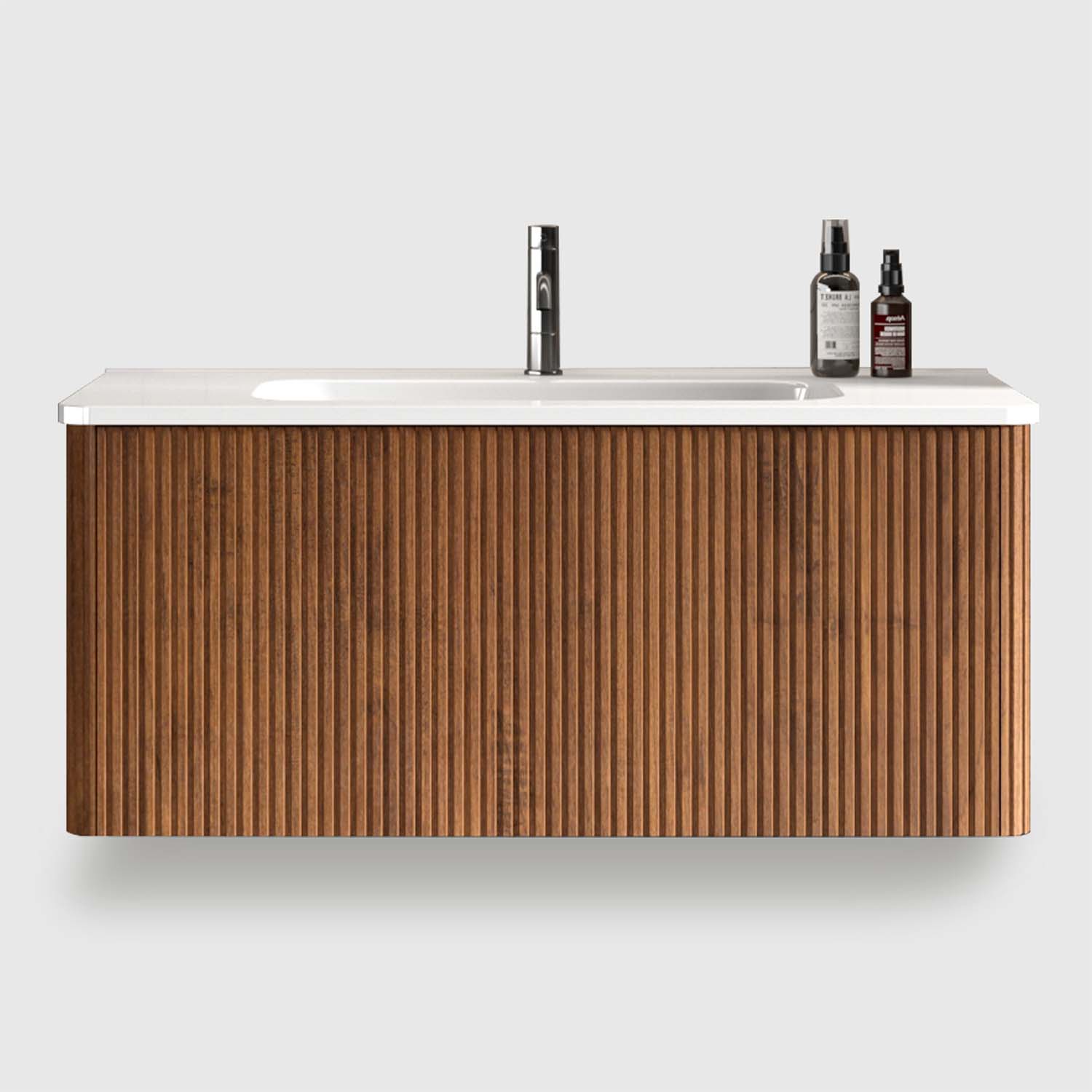 Hotel bathroom vanity with sink - 36-inch floating vanity with sink for commercial hotel use, fluted walnut texture plywood cabinet, ceramic basin, fully assembled for easy hotel room installation, push-open soft-close drawer, modern hotel bathroom aesthetic, durable bathroom sink cabinet for hotels, U-shaped back to fit hotel plumbing