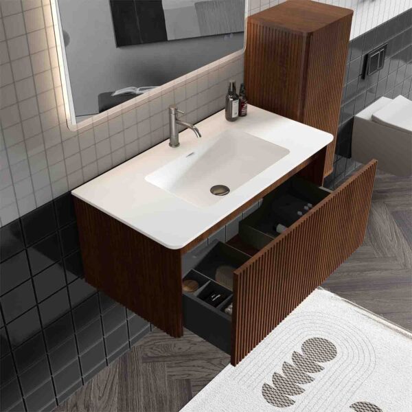Hotel bathroom vanity with sink - 36-inch floating vanity with sink for commercial hotel use, fluted walnut texture plywood cabinet, ceramic basin, fully assembled for easy hotel room installation, push-open soft-close drawer, modern hotel bathroom aesthetic, durable bathroom sink cabinet for hotels, U-shaped back to fit hotel plumbing