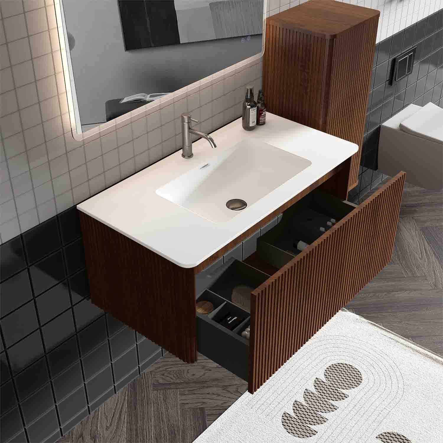 Hotel bathroom vanity with sink - 36-inch floating vanity with sink for commercial hotel use, fluted walnut texture plywood cabinet, ceramic basin, fully assembled for easy hotel room installation, push-open soft-close drawer, modern hotel bathroom aesthetic, durable bathroom sink cabinet for hotels, U-shaped back to fit hotel plumbing