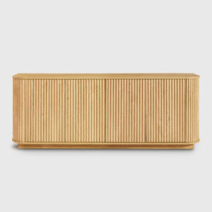 Light oak modern TV stand with double open storage cabinets, styled as a living room media console with decorative accessories and electronics storage