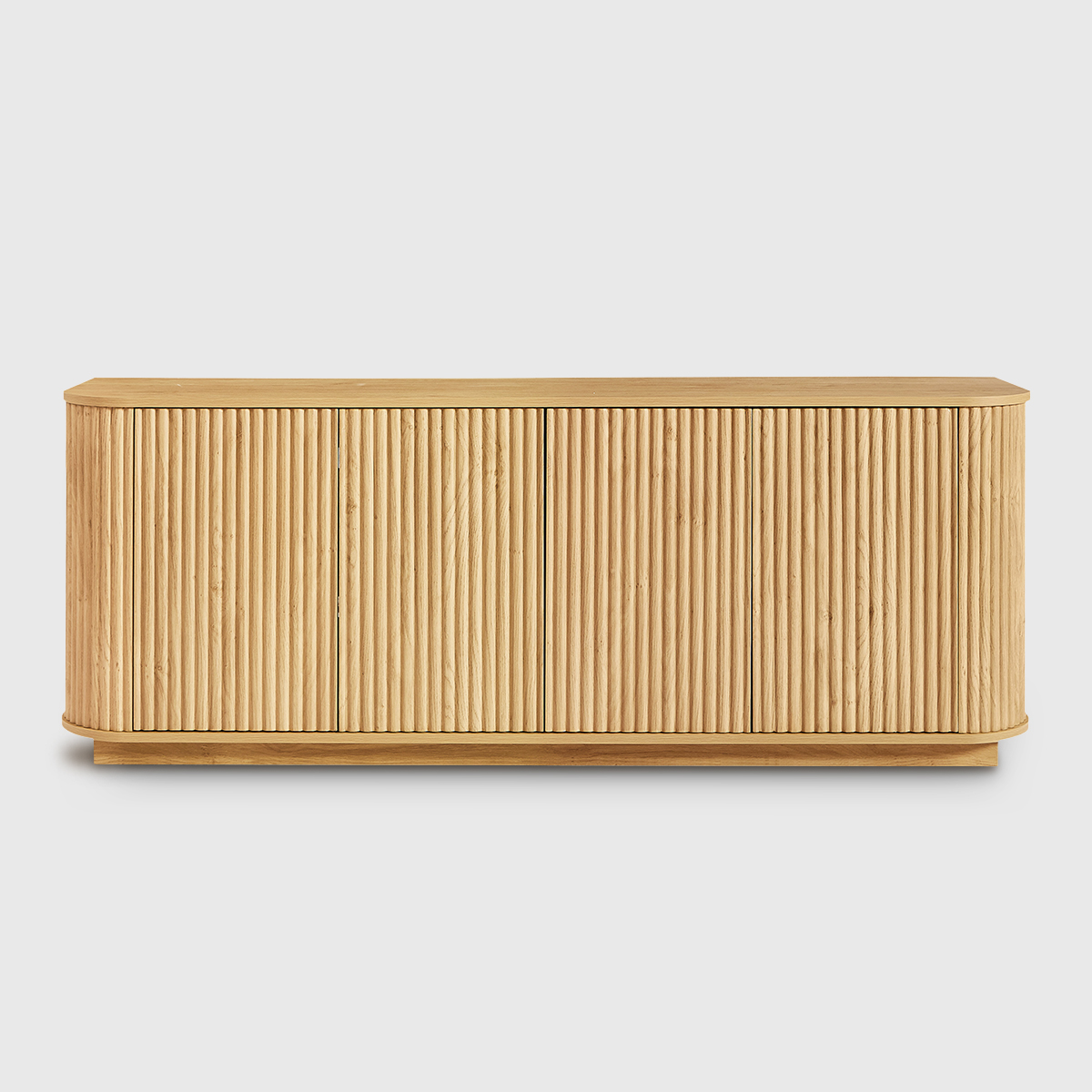 Oak-Modern-TV-Cabinet-for-Living-Room Light oak modern TV stand with double open storage cabinets, styled as a living room media console with decorative accessories and electronics storage