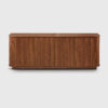 Dark walnut TV stand sideboard with open storage cabinets, styled as a living room media console and display cabinet