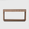 Walnut finish ribbed drawer console table with open lower shelf, modern entryway and living room accent table