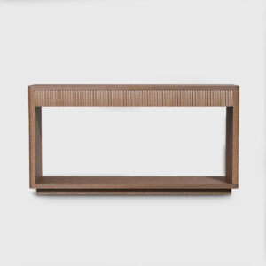Walnut finish ribbed drawer console table with open lower shelf, modern entryway and living room accent table