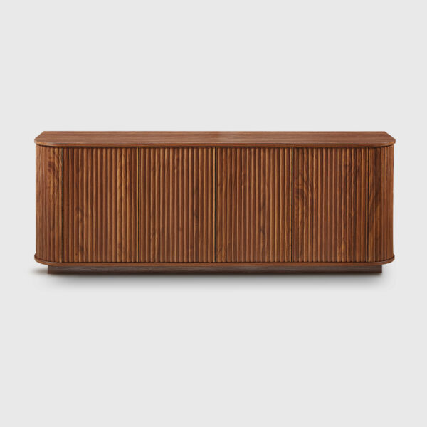 Dark walnut TV stand sideboard with open storage cabinets, styled as a living room media console and display cabinet