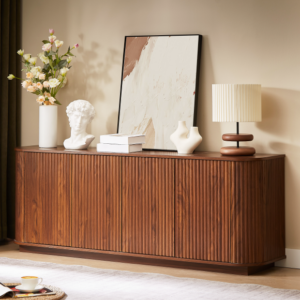 Dark walnut TV stand sideboard with open storage cabinets, styled as a living room media console and display cabinet