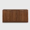 Dark walnut ribbed sideboard cabinet with open storage compartments, used as a coffee bar in a modern kitchen-dining space