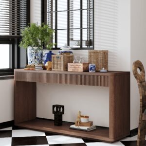 Walnut finish ribbed drawer console table with open lower shelf, modern entryway and living room accent table
