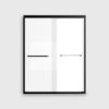 Black framed double sliding glass shower door with clear panels, modern frameless bathroom shower enclosure in a contemporary bathroom