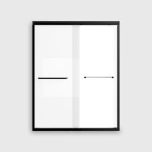 Black framed double sliding glass shower door with clear panels, modern frameless bathroom shower enclosure in a contemporary bathroom
