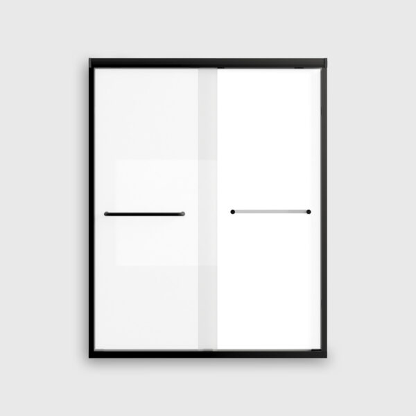 Tempered-Glass-Shower-Doors-with-Explosion-Proof-Film (6) Black framed double sliding glass shower door with clear panels, modern frameless bathroom shower enclosure in a contemporary bathroom