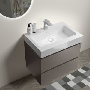 24 inch gray wall-mounted floating bathroom vanity with sink, pre-assembled soft-closing drawer glides E1 grade vanity, large double drawers white one-piece basin no drain faucet