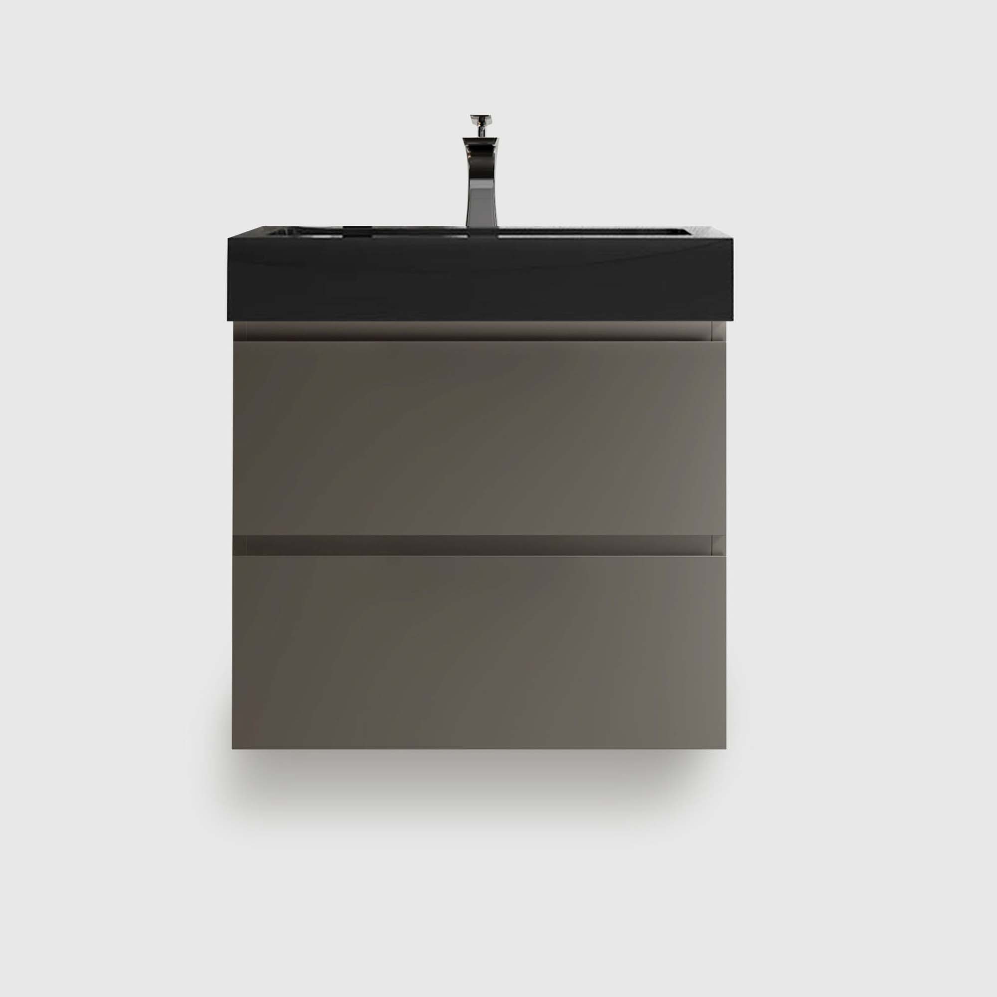 24 inch gray floating bathroom vanity with black sink, wall mounted modern cabinet for small bathroom