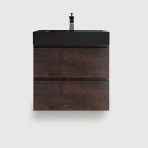 24 inch walnut floating bathroom vanity with sink, wall mounted pre-assembled bathroom vanity, large storage soft-closing drawers black one-piece basin no drain faucet, eco-friendly handle-free vanity