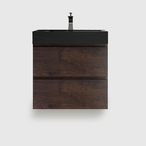 U008-ALICE24-105B 24 inch walnut floating bathroom vanity with sink, wall mounted pre-assembled bathroom vanity, large storage soft-closing drawers black one-piece basin no drain faucet, eco-friendly handle-free vanity