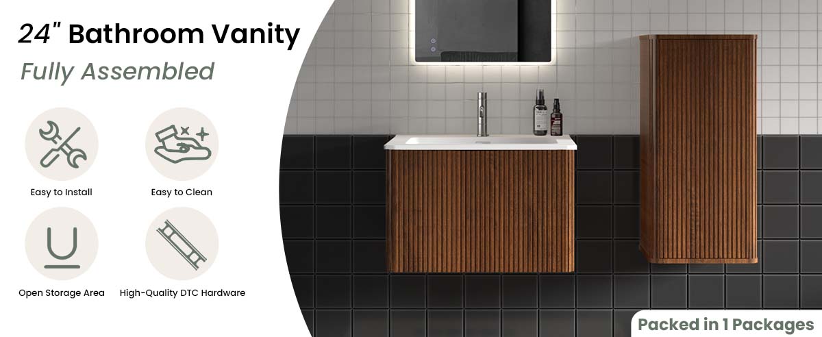 24-inch floating vanity with sink - modern small bathroom vanity with sink, ceramic basin, push-open soft-close drawer, fluted walnut texture plywood bathroom vanity cabinet, space-saving floating vanity with sink for powder rooms, U-shaped back bathroom sink cabinet, family-friendly curved edge bathroom vanity with sink, fully assembled floating bathroom vanity with sink for apartments/hotels, compact bathroom sink and cabinet solution.
