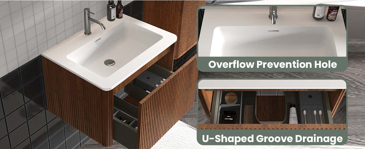 24-inch floating vanity with sink - modern small bathroom vanity with sink, ceramic basin, push-open soft-close drawer, fluted walnut texture plywood bathroom vanity cabinet, space-saving floating vanity with sink for powder rooms, U-shaped back bathroom sink cabinet, family-friendly curved edge bathroom vanity with sink, fully assembled floating bathroom vanity with sink for apartments/hotels, compact bathroom sink and cabinet solution.