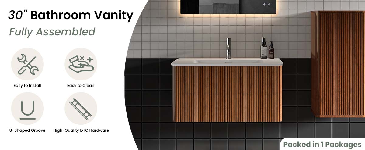 Small bathroom vanity with sink - 30-inch floating vanity with sink for compact spaces, space-saving design, ceramic basin, push-open soft-close drawer, fluted walnut texture bathroom vanity cabinet, wall-mounted floating vanity to maximize floor space, easy-clean small bathroom sink cabinet, family-friendly curved edges