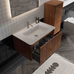 Small bathroom vanity with sink - 30-inch floating vanity with sink for compact spaces, space-saving design, ceramic basin, push-open soft-close drawer, fluted walnut texture bathroom vanity cabinet, wall-mounted floating vanity to maximize floor space, easy-clean small bathroom sink cabinet, family-friendly curved edges