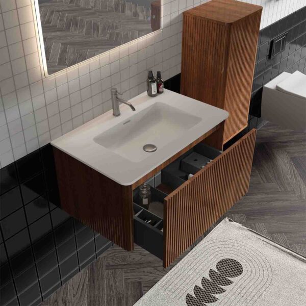 Small bathroom vanity with sink - 30-inch floating vanity with sink for compact spaces, space-saving design, ceramic basin, push-open soft-close drawer, fluted walnut texture bathroom vanity cabinet, wall-mounted floating vanity to maximize floor space, easy-clean small bathroom sink cabinet, family-friendly curved edges