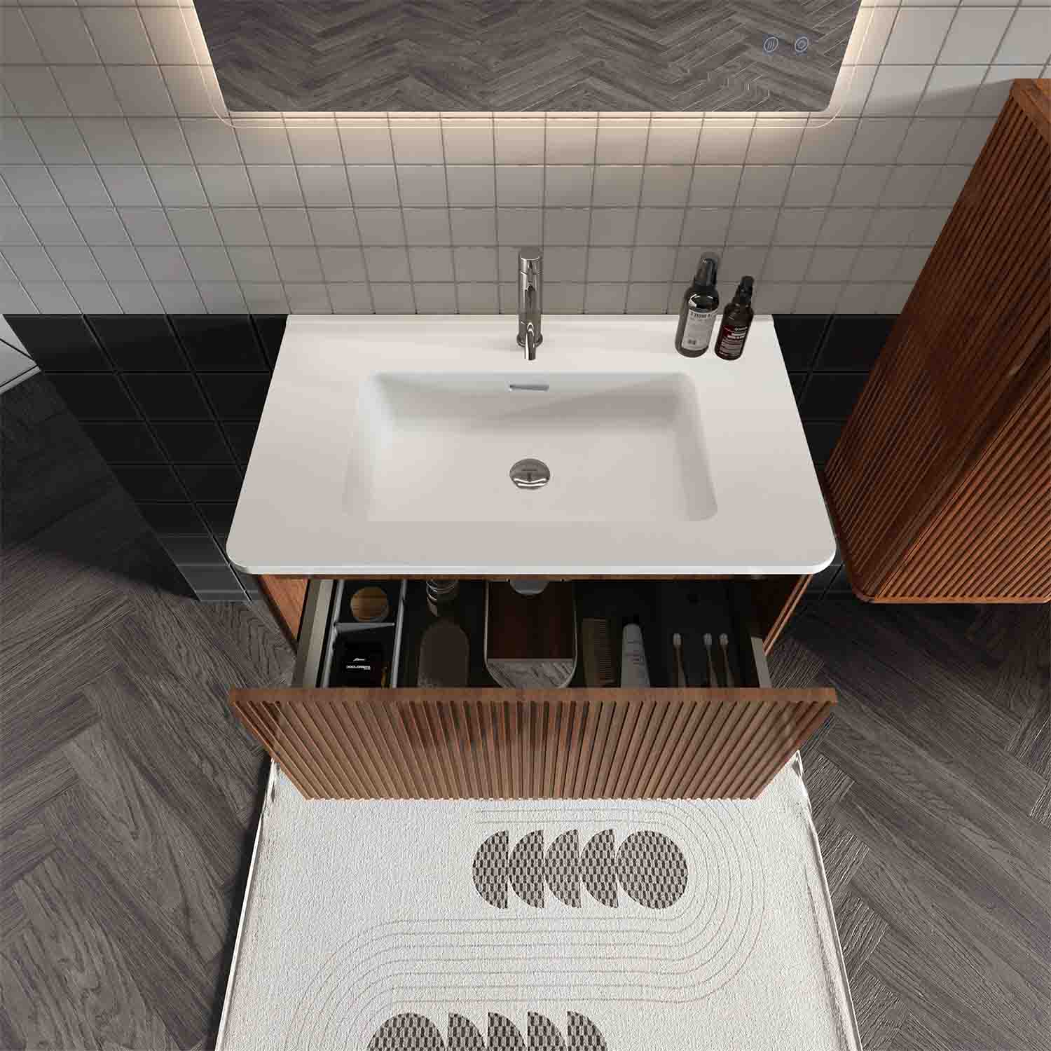 Small bathroom vanity with sink - 30-inch floating vanity with sink for compact spaces, space-saving design, ceramic basin, push-open soft-close drawer, fluted walnut texture bathroom vanity cabinet, wall-mounted floating vanity to maximize floor space, easy-clean small bathroom sink cabinet, family-friendly curved edges