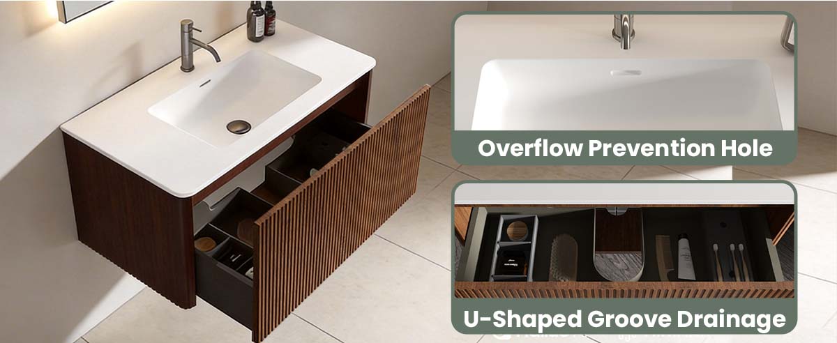 Hotel bathroom vanity with sink - 36-inch floating vanity with sink for commercial hotel use, fluted walnut texture plywood cabinet, ceramic basin, fully assembled for easy hotel room installation, push-open soft-close drawer, modern hotel bathroom aesthetic, durable bathroom sink cabinet for hotels, U-shaped back to fit hotel plumbing