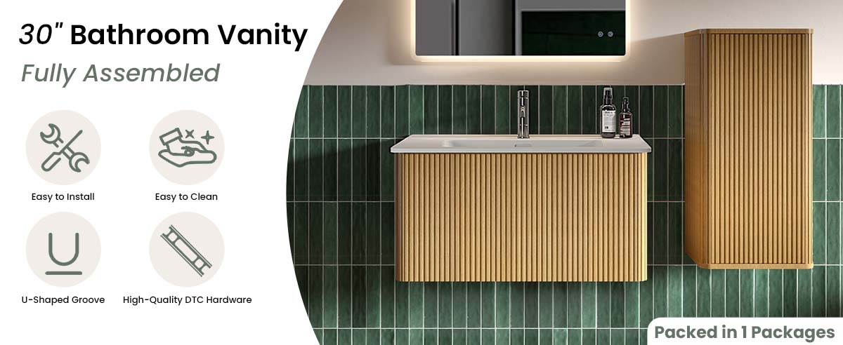 Striped-Natural Oak-Bathroom Vanity-White Sink