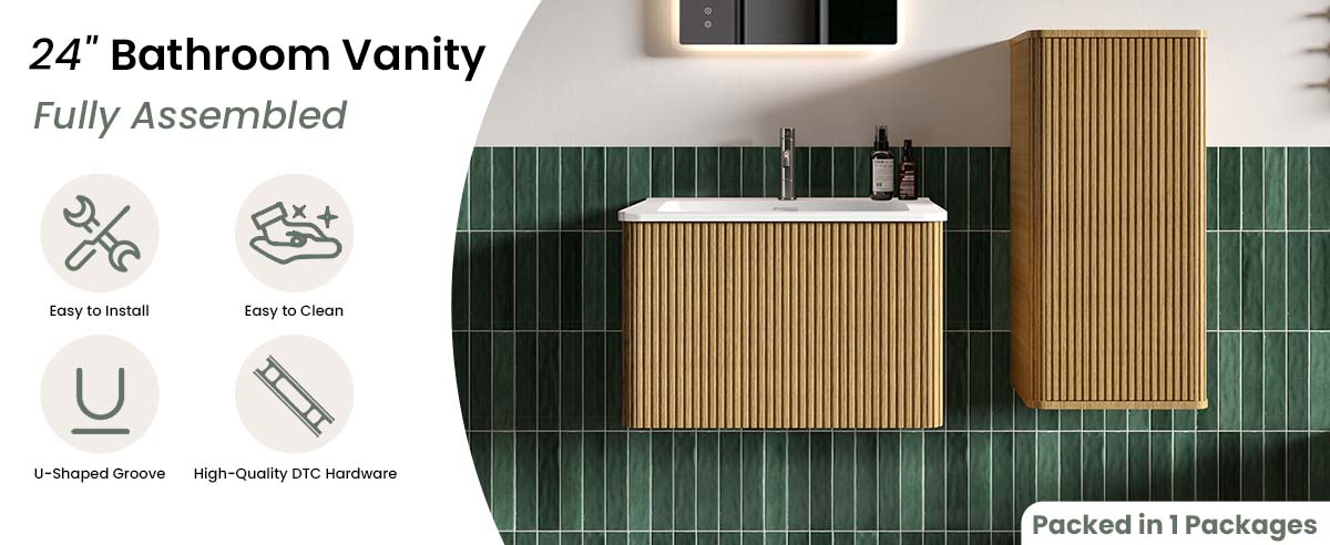 24 inch bathroom vanity with white ceramic sink - wall mounted floating bathroom vanity for modern bathroom. This pre-assembled bathroom vanity features striped natural oak finish, integrated sink, and push-open drawer. The 24 inch bathroom vanity with sink provides spacious storage while maintaining a sleek modern bathroom vanity design.