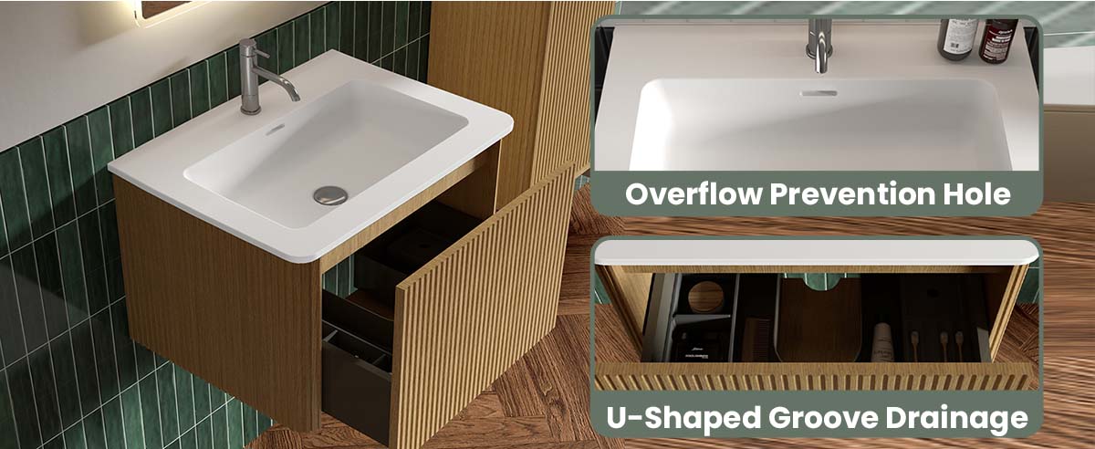 24 inch bathroom vanity with white ceramic sink - wall mounted floating bathroom vanity for modern bathroom. This pre-assembled bathroom vanity features striped natural oak finish, integrated sink, and push-open drawer. The 24 inch bathroom vanity with sink provides spacious storage while maintaining a sleek modern bathroom vanity design.