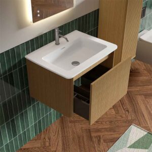 36 inch floating bathroom vanity - where modern style meets functionality. This bathroom vanity with sink features a striped oak finish that complements any modern bathroom decor. Pre-assembled for convenience, it includes a easy-to-clean ceramic sink and spacious drawer.