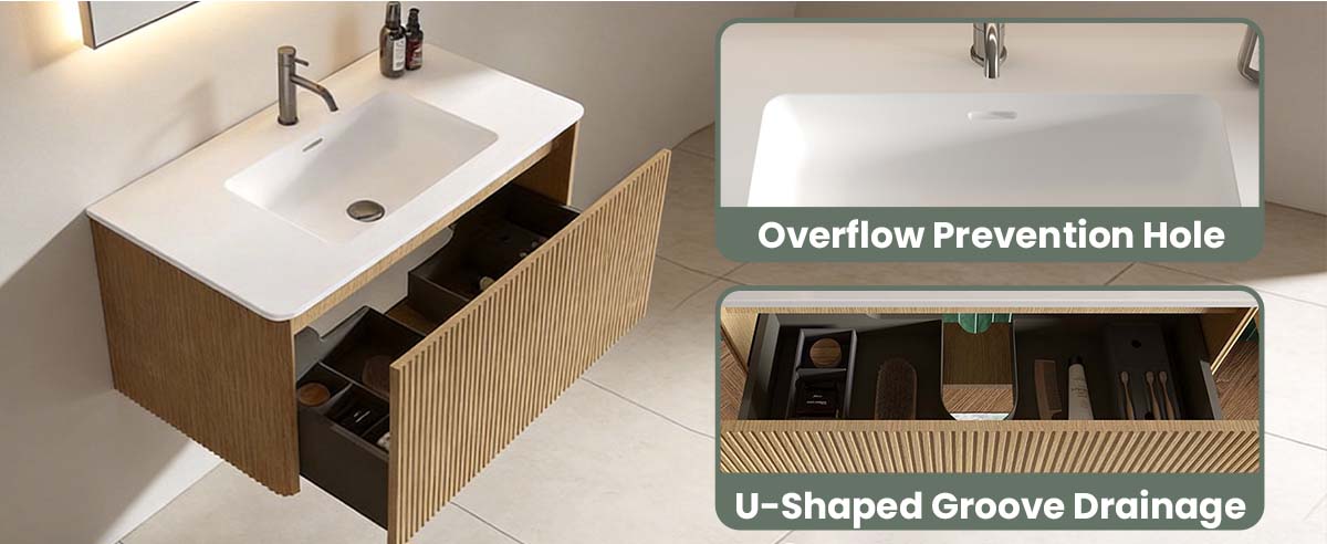 36 inch floating bathroom vanity - where modern style meets functionality. This bathroom vanity with sink features a striped oak finish that complements any modern bathroom decor. Pre-assembled for convenience, it includes a easy-to-clean ceramic sink and spacious drawer.